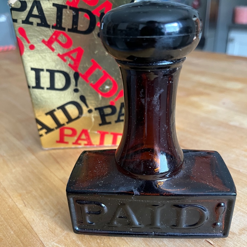 1970s Avon “PAID” Stamp Decanter with Original Box
